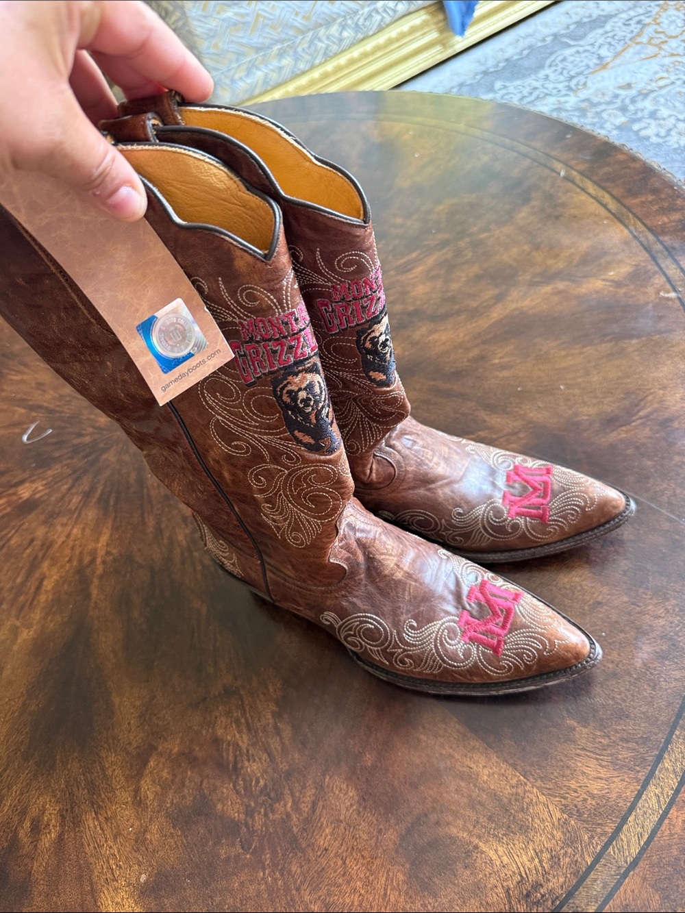 Brown Embroidered Western Heeled Boots with Pink Accents
